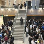 Engineering students in the EME atrium at Industry Night 2023, UBC Okanagan Campus.