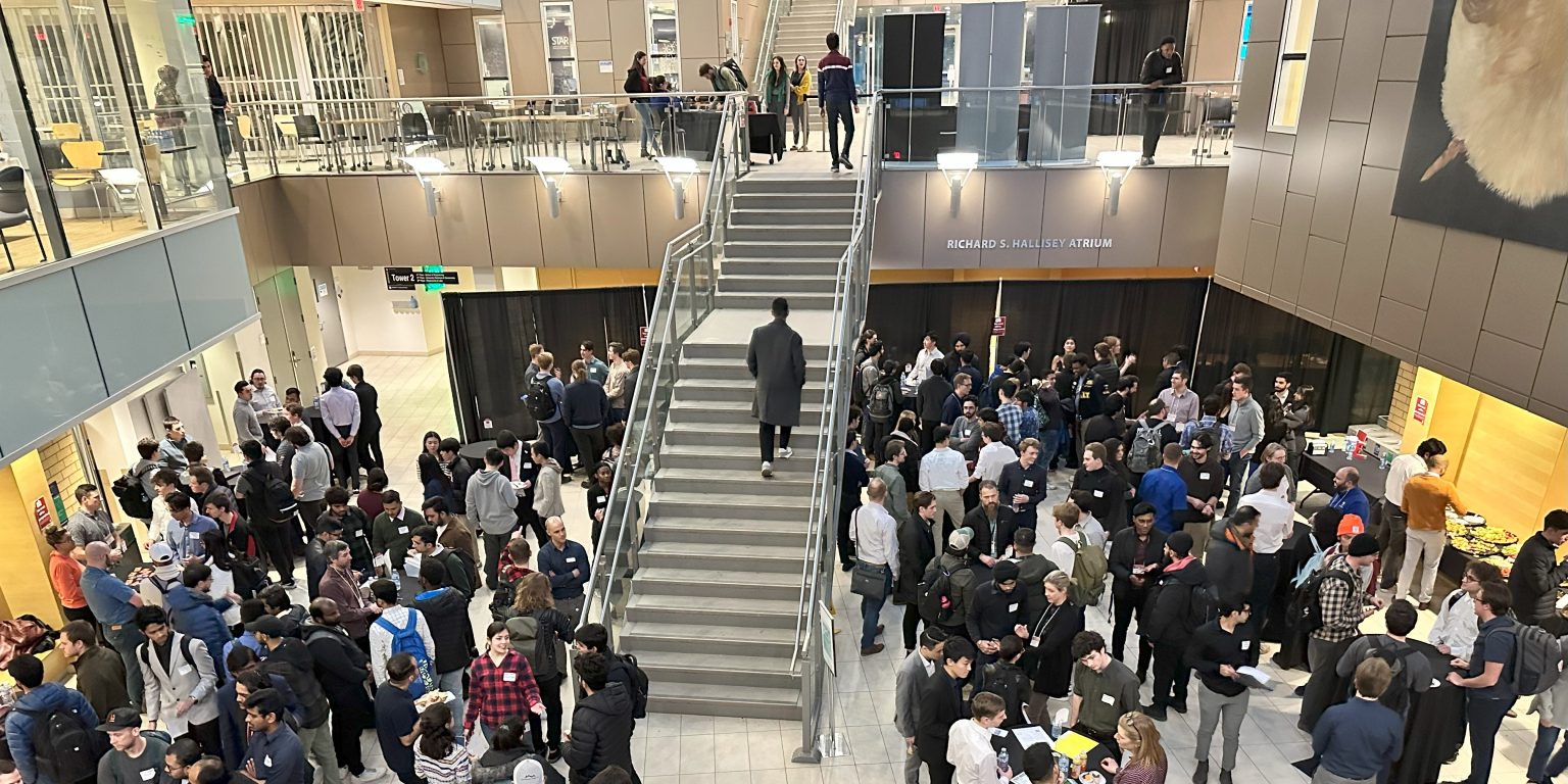 Engineering students in the EME atrium at Industry Night 2023, UBC Okanagan Campus.